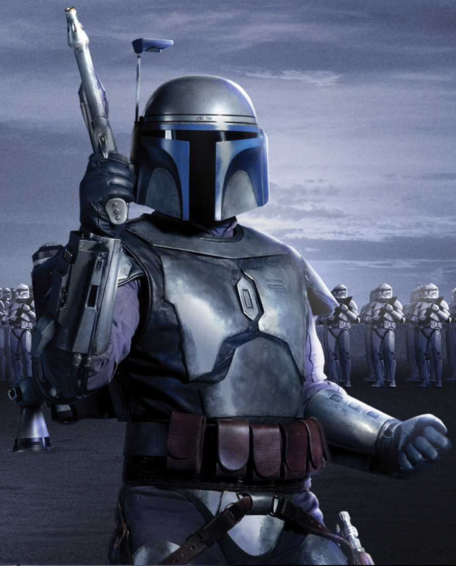 Jango Fett, the clone template, and the clone army behind him.