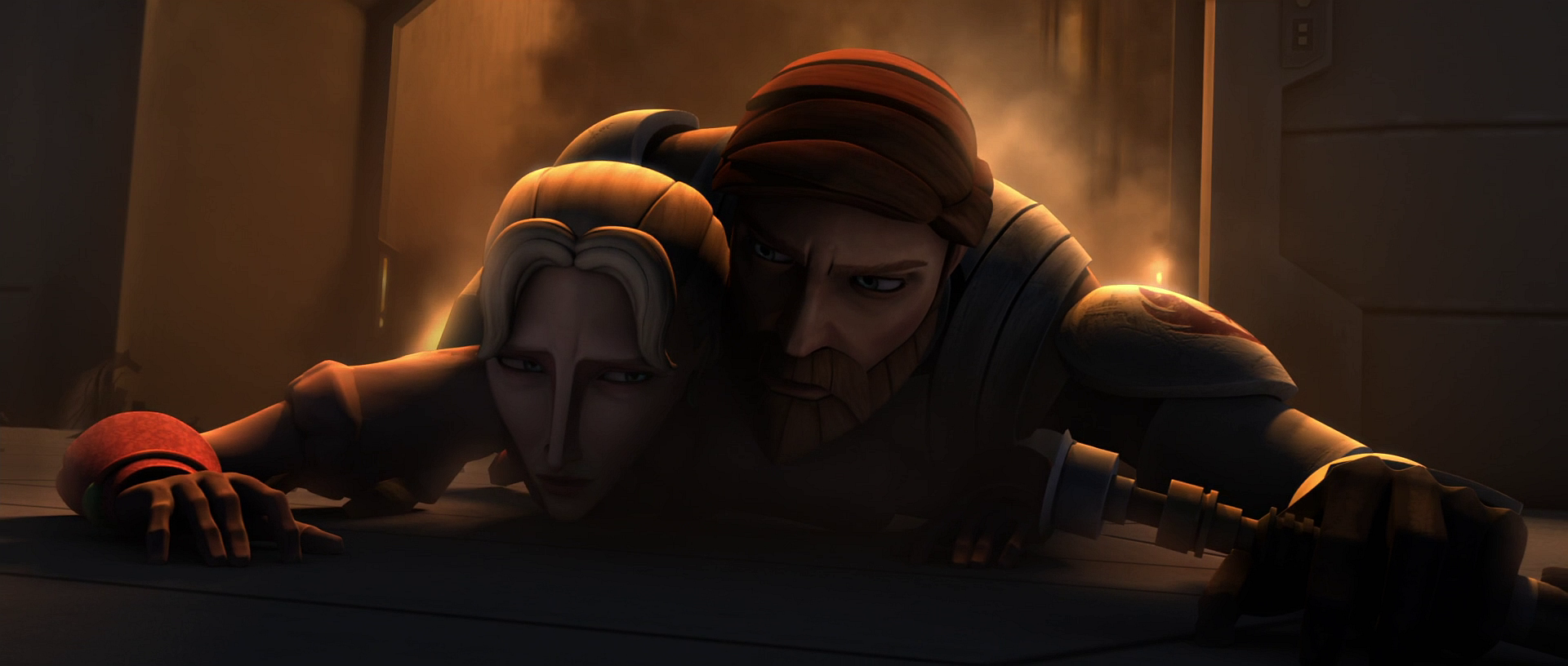 Obi-Wan and Satine narrowly escape a barrage of missiles.