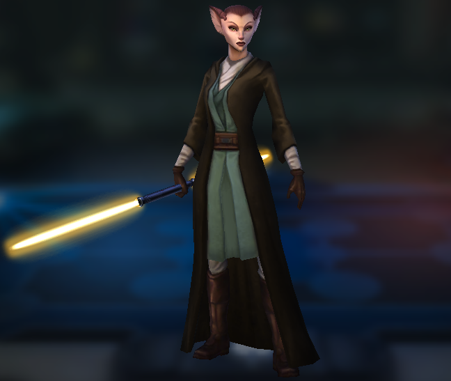 Tosan wielded a double-bladed lightsaber.