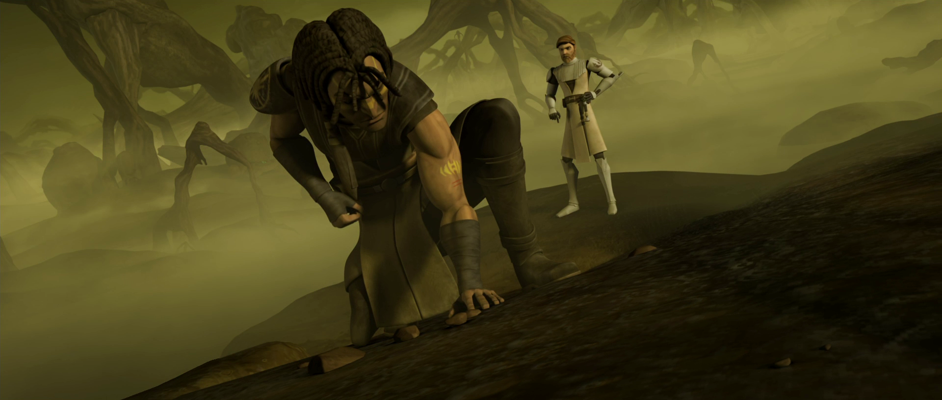 Jedi Master Quinlan Vos was skilled in psychometry, using it here upon touching the ground to track Ziro Desilijic Tiure.