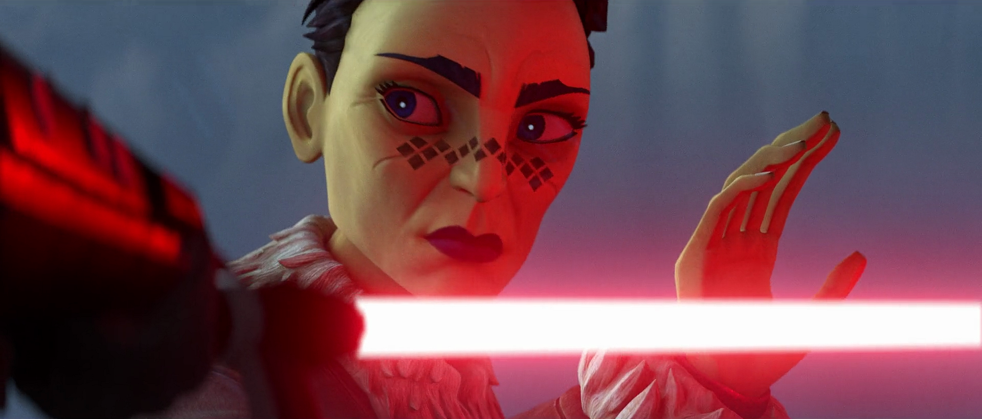 Offee stops the Fourth Sister's lightsaber with the Force.