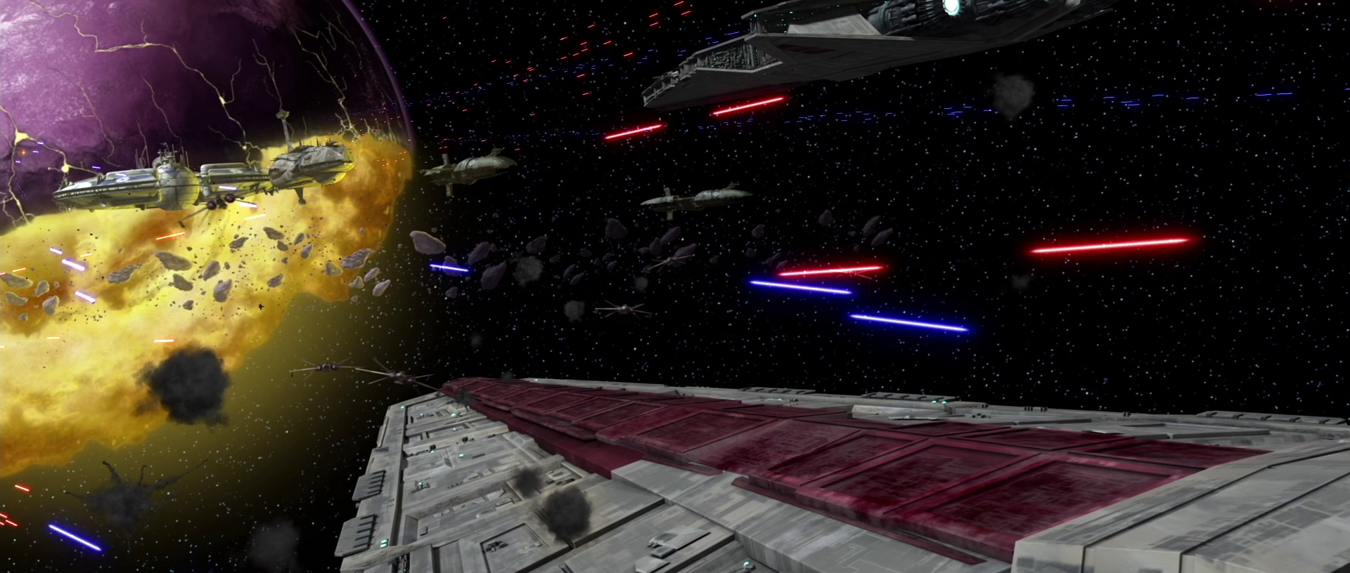 The Republic task force engages the Separatist defense fleet.