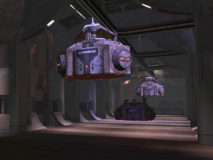 Battle droid dispensers on the transport lines of a Separatist core ship