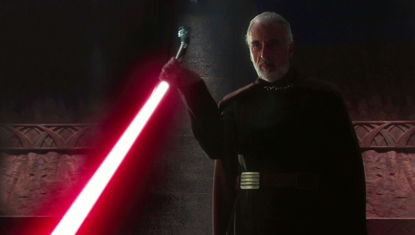 Dooku's curved-hilt lightsaber emitted a red blade after he became the Sith Lord Darth Tyranus.