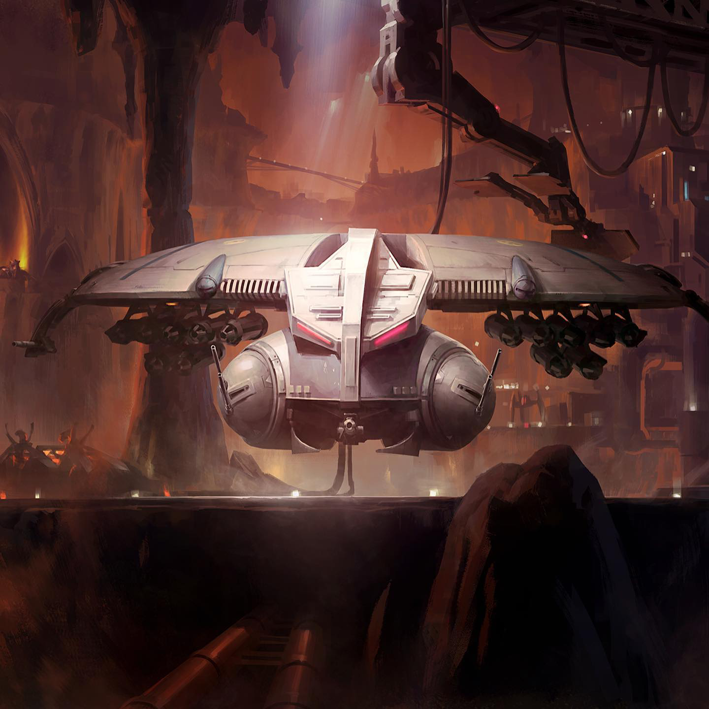 A HMP droid gunship prototype being developed on Geonosis