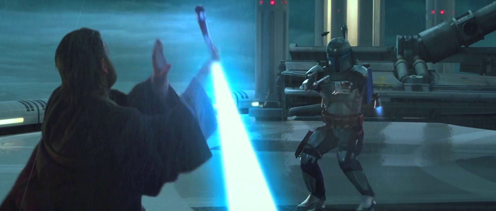 Obi-Wan engages Jango Fett on Kamino.