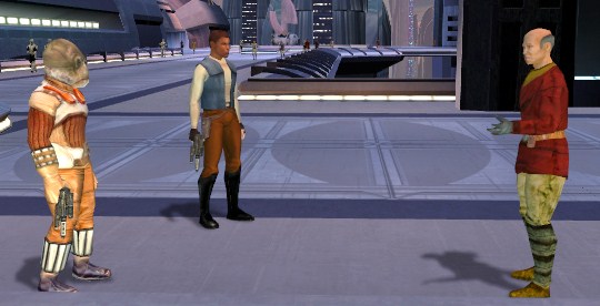 The bounty hunters confront the merchant in the Upper City.