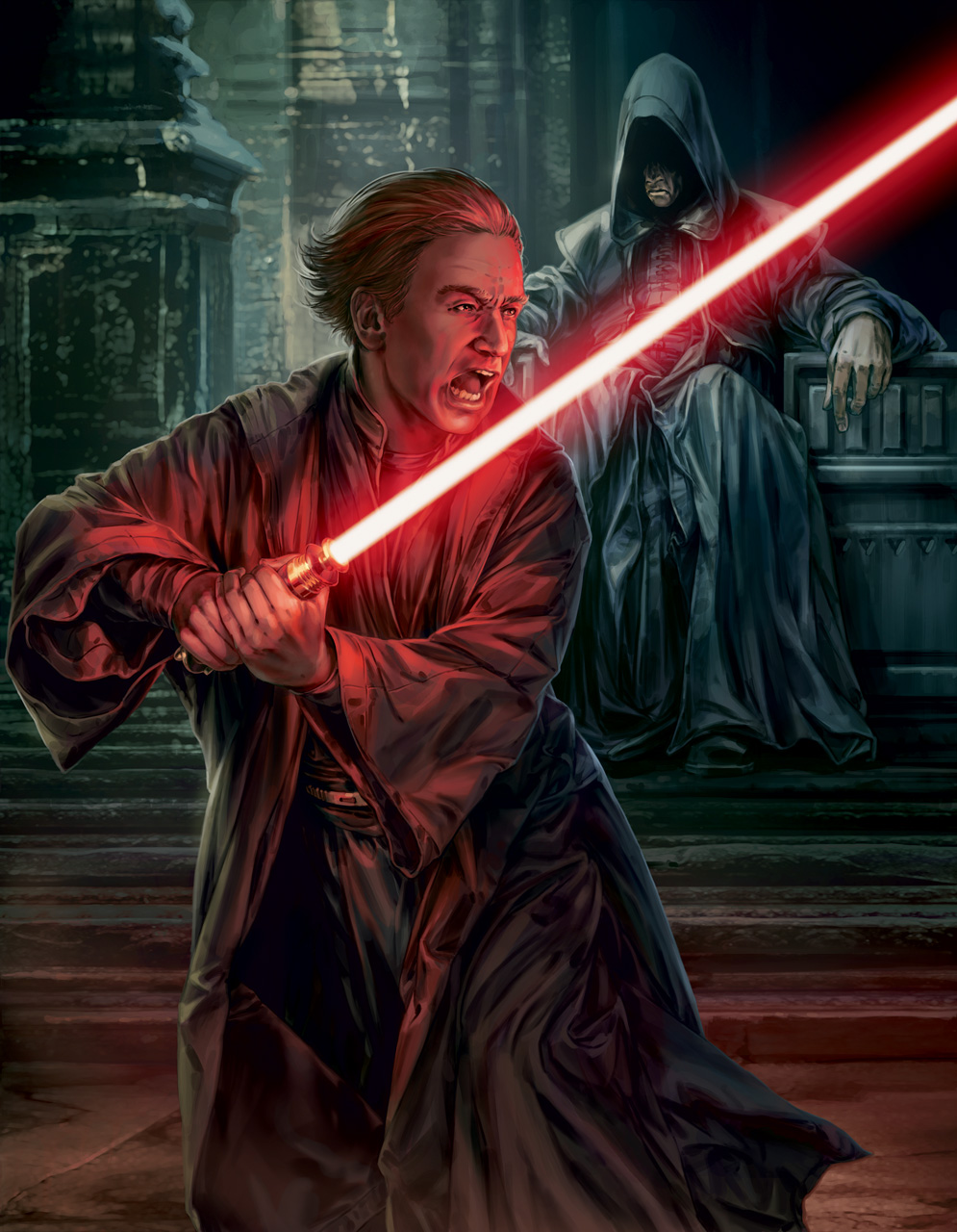 Palpatine wielding his first lightsaber during his training under Darth Plagueis.