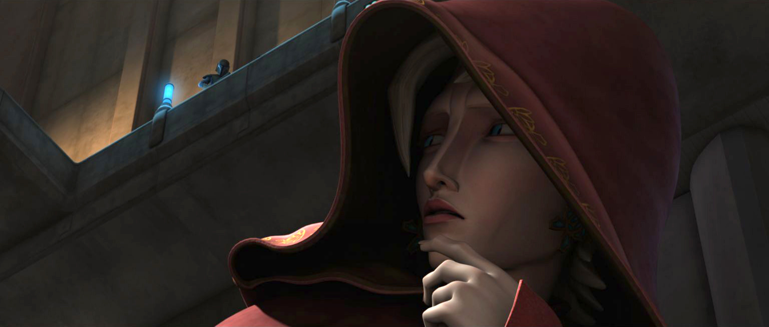 Wrongly framed for murder, the fugitive Duchess Satine Kryze runs through the streets of Coruscant.