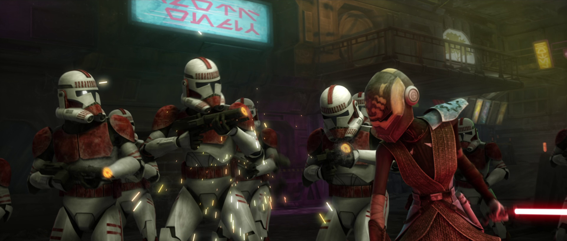 A group of clone shock troopers encounter Asajj Ventress while hunting Ahsoka Tano in the Coruscant underworld.