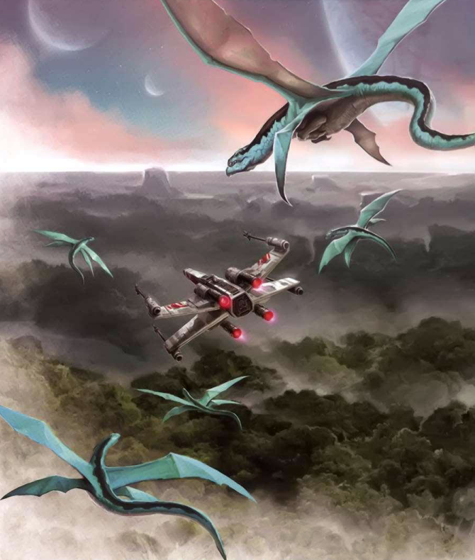 A group of azurdactyls flying with an Alliance X-wing.