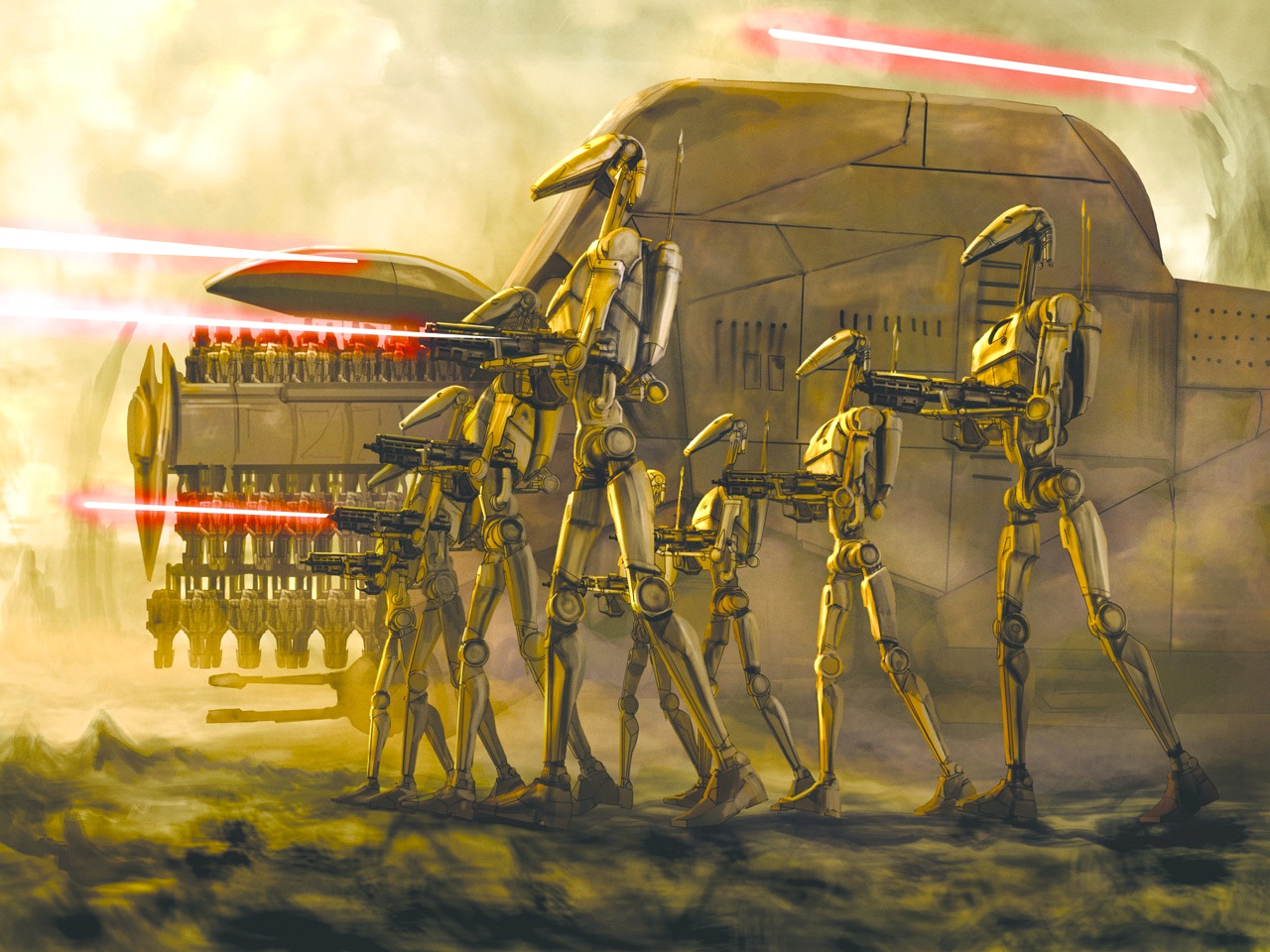 B1 battle droids march alongside an MTT, which deploys more B1s.