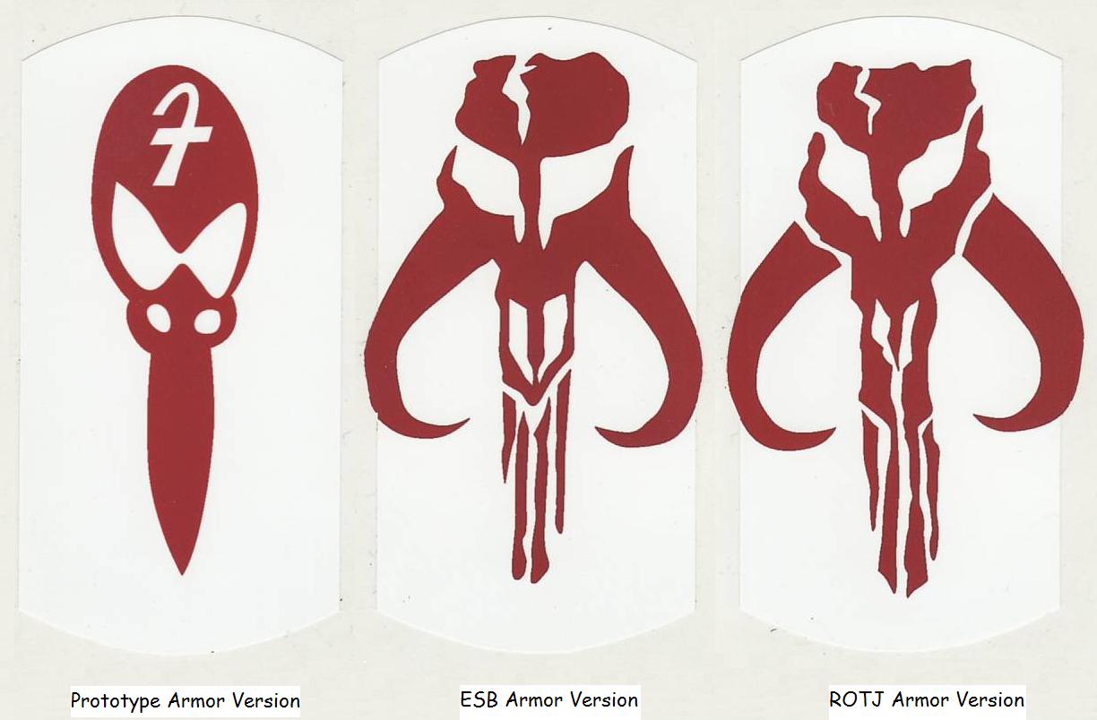 Fett's shoulder bell emblems from the Pre-production, ESB, and ROTJ armor versions.