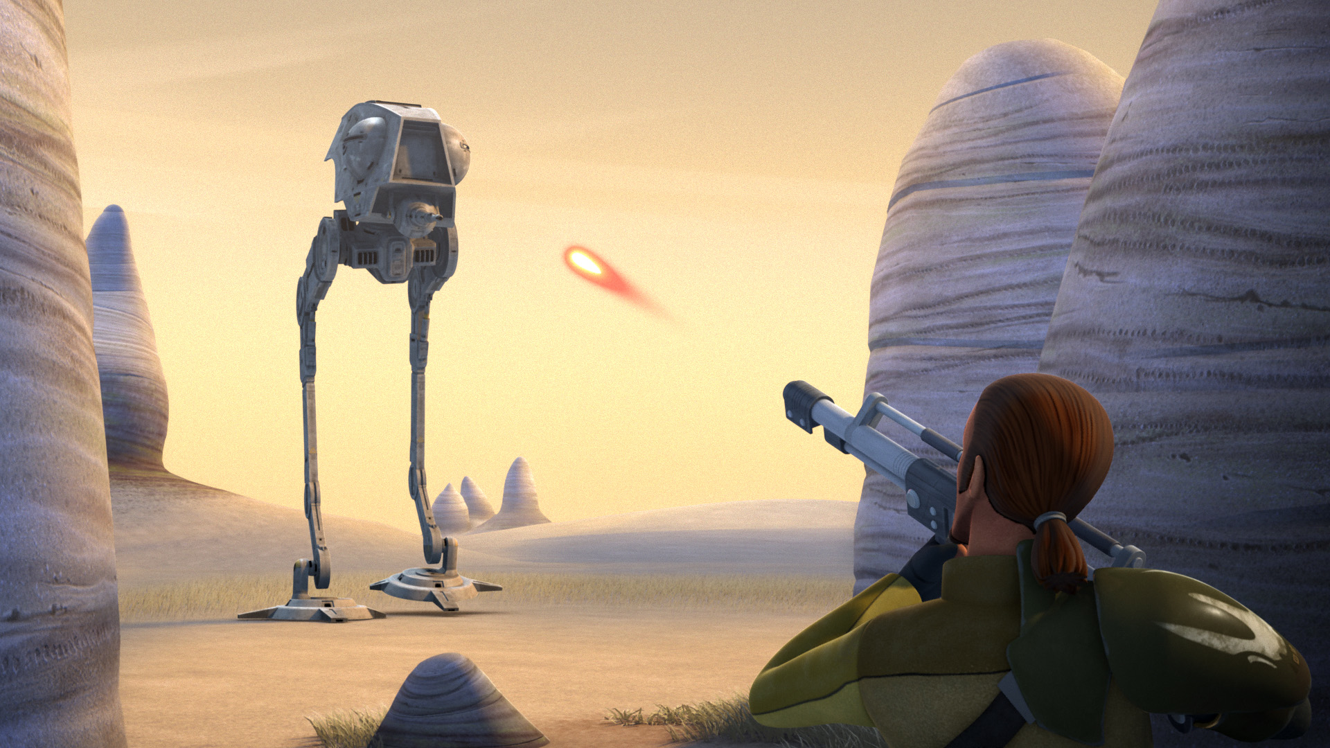 Kanan shooting an AT-DP with a disruptor rifle.