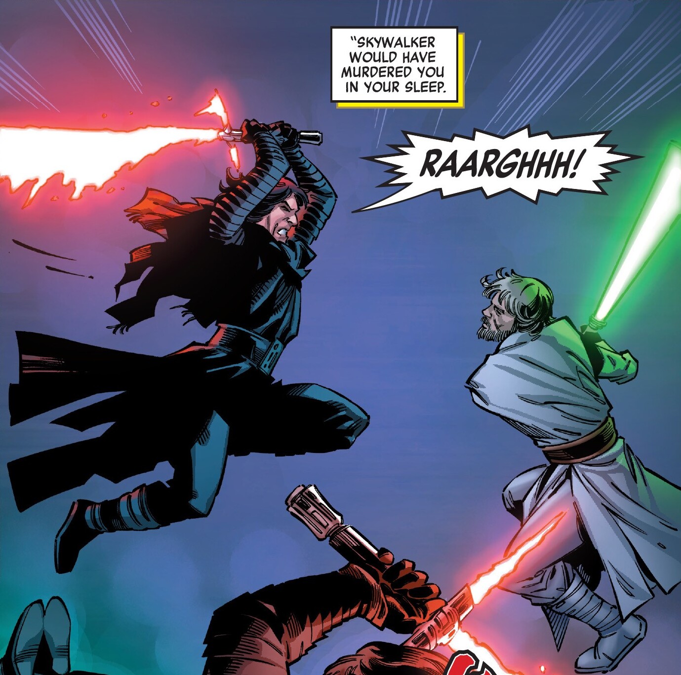 Kylo Ren battles a vision of Luke Skywalker in the Cave of Evil.