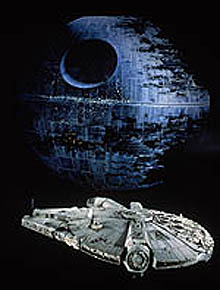 The Millennium Falcon with a painting of the second Death Star from the original Smithsonian Exhibition