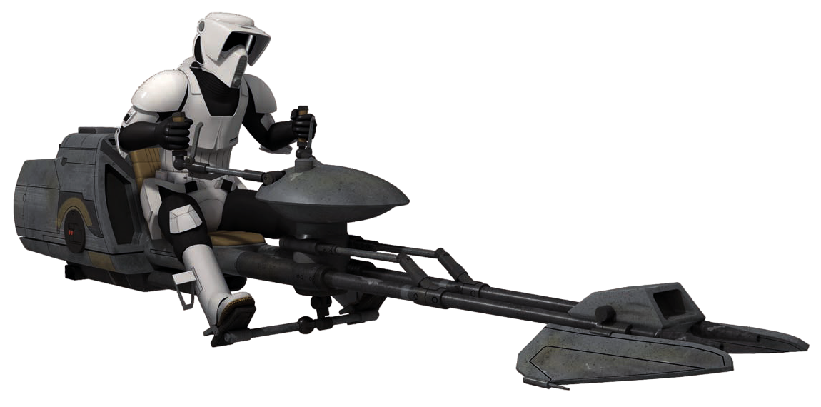 An Imperial scout trooper piloting a 614-AvA speeder bike