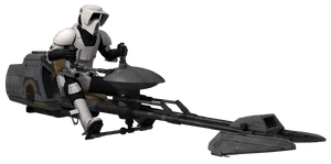 An Imperial scout trooper piloting a 614-AvA speeder bike