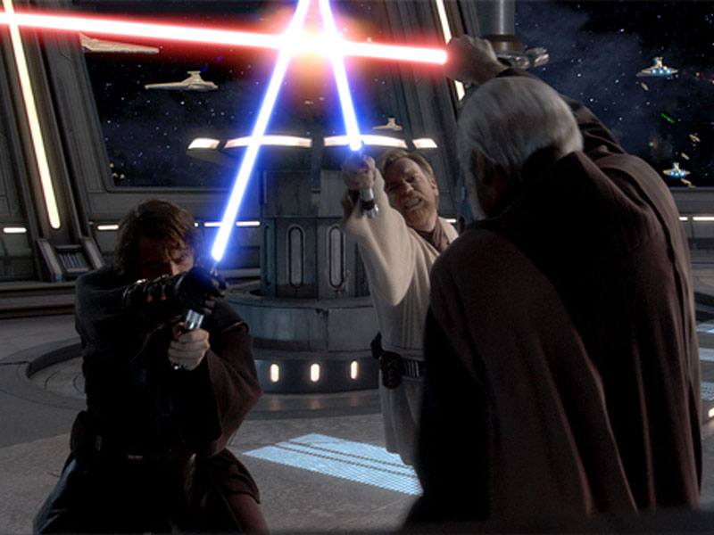 Anakin Skywalker, Obi-Wan Kenobi, and Count Dooku fighting in the General's quarters.