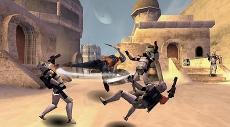 Rianna fighting stormtroopers on Tatooine.