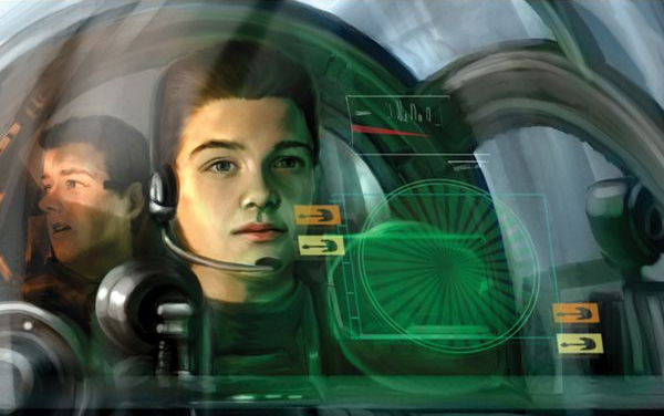 Lune Oddo Divinian and Trever Flume in a starfighter simulator