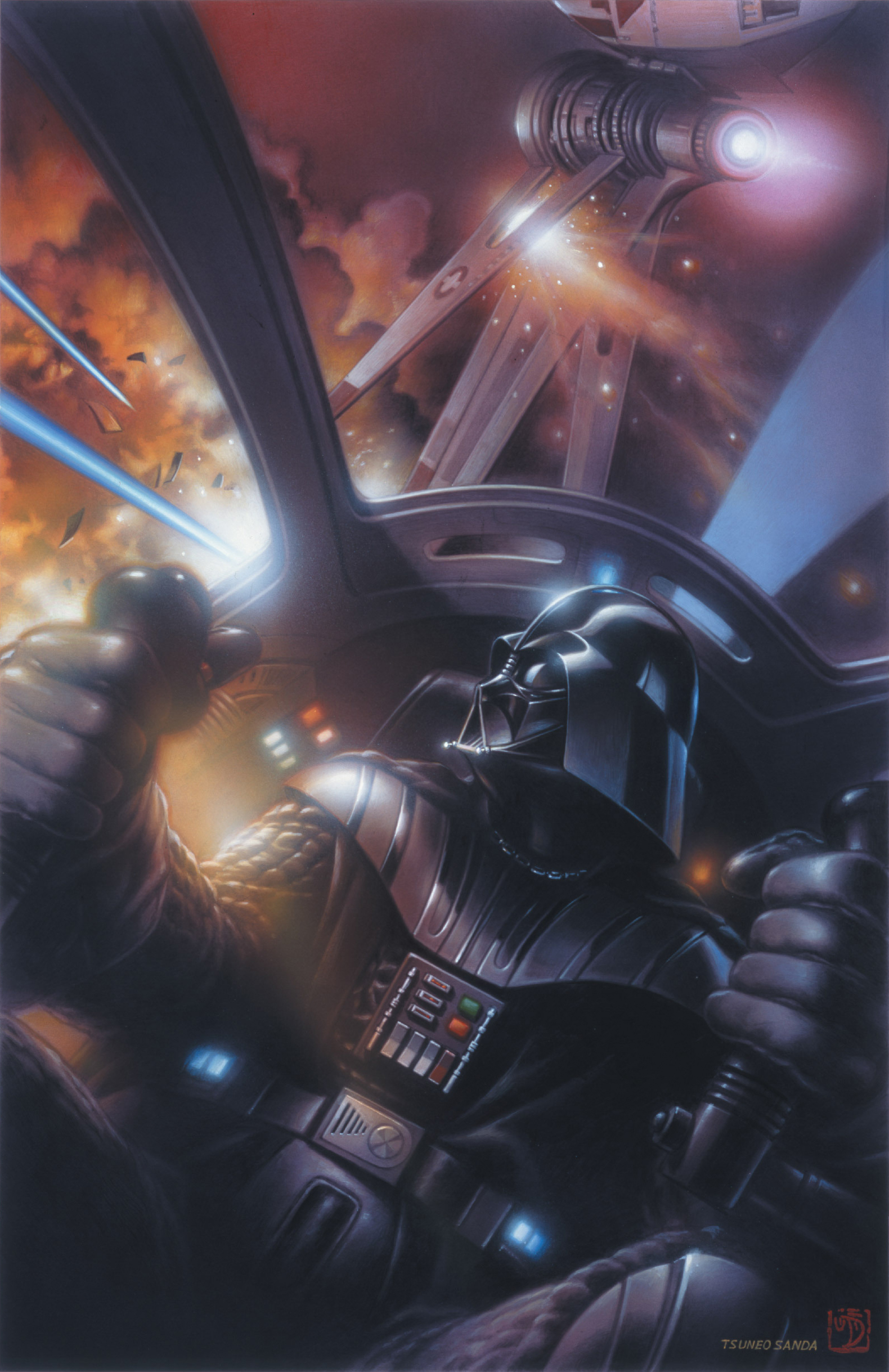 Darth Vader piloting his black Eta-2 Actis-class light interceptor while under attack by Atoan insurgents.