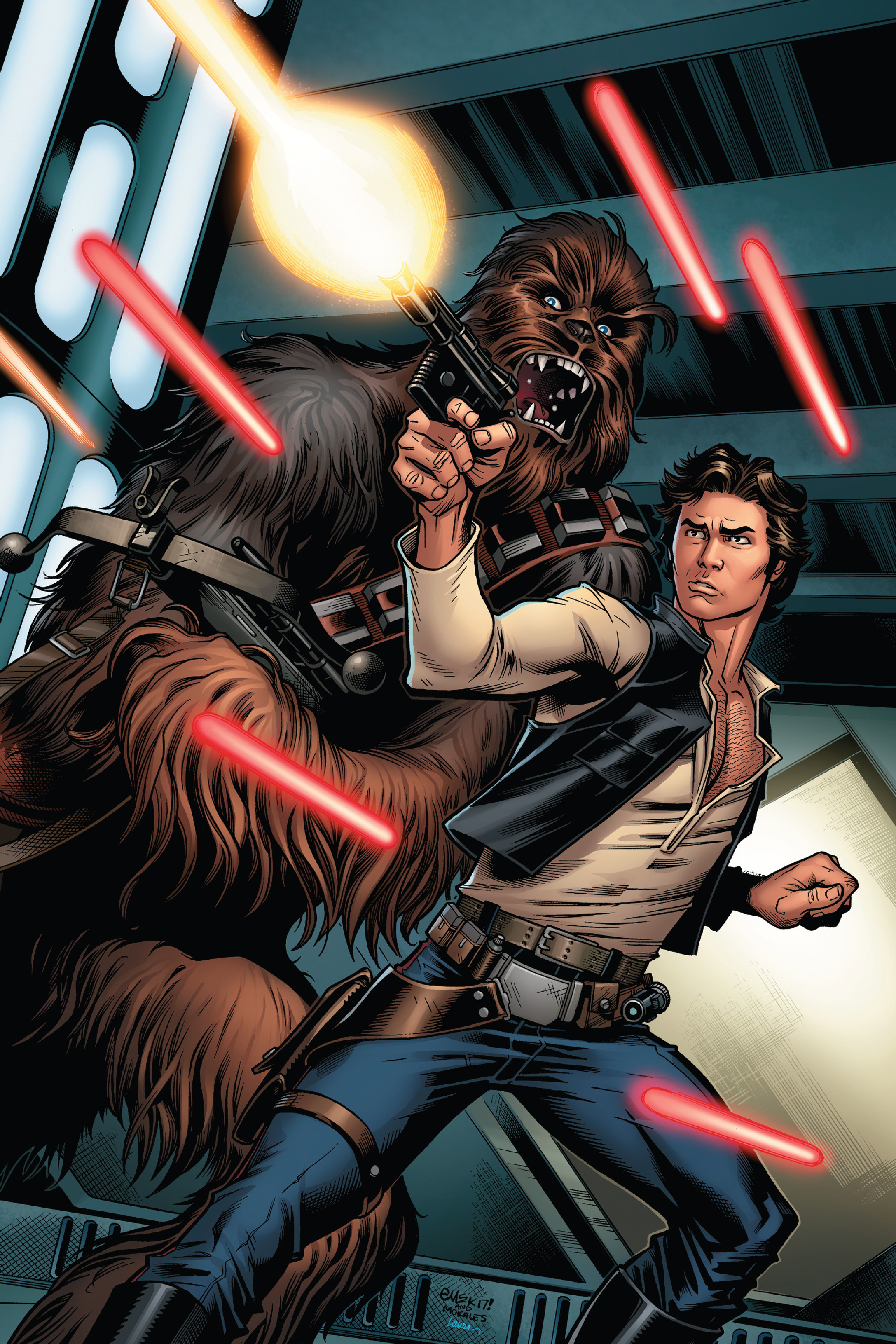 Solo and Chewbacca flee from pursuing stormtroopers.