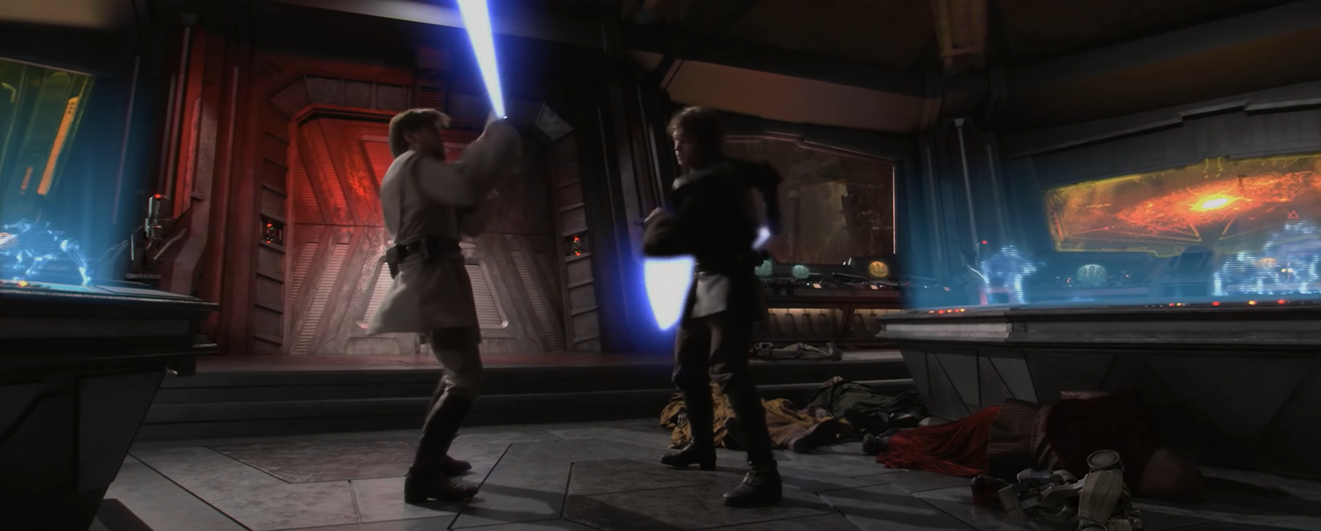 Darth Vader fighting Obi-Wan in the Separatist Council War Room.