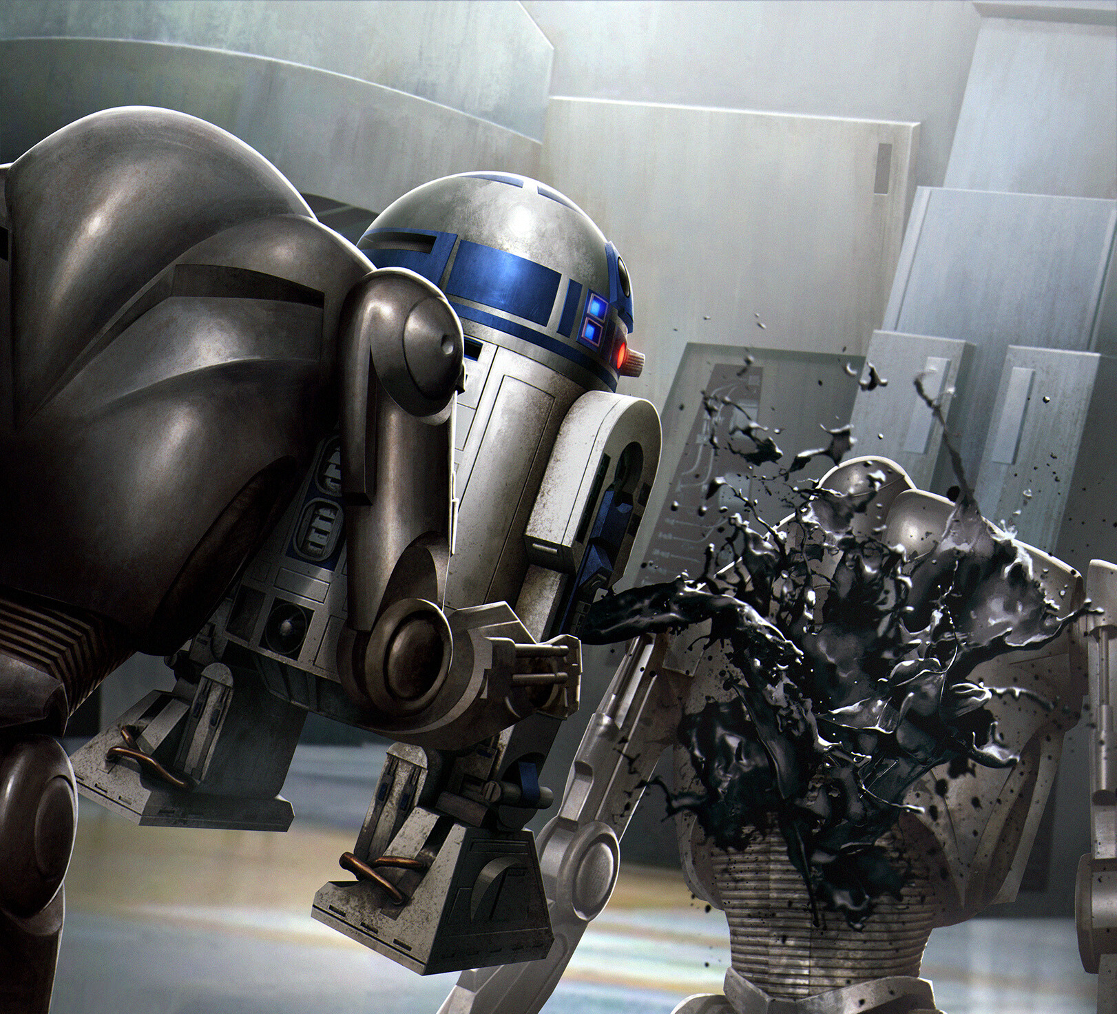 R2 douses a B2 super battle droid in oil