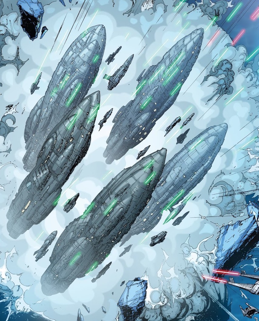 Raddus interlinks the shields of five MC80a star cruisers, making them a formidable foe to the Imperial forces.