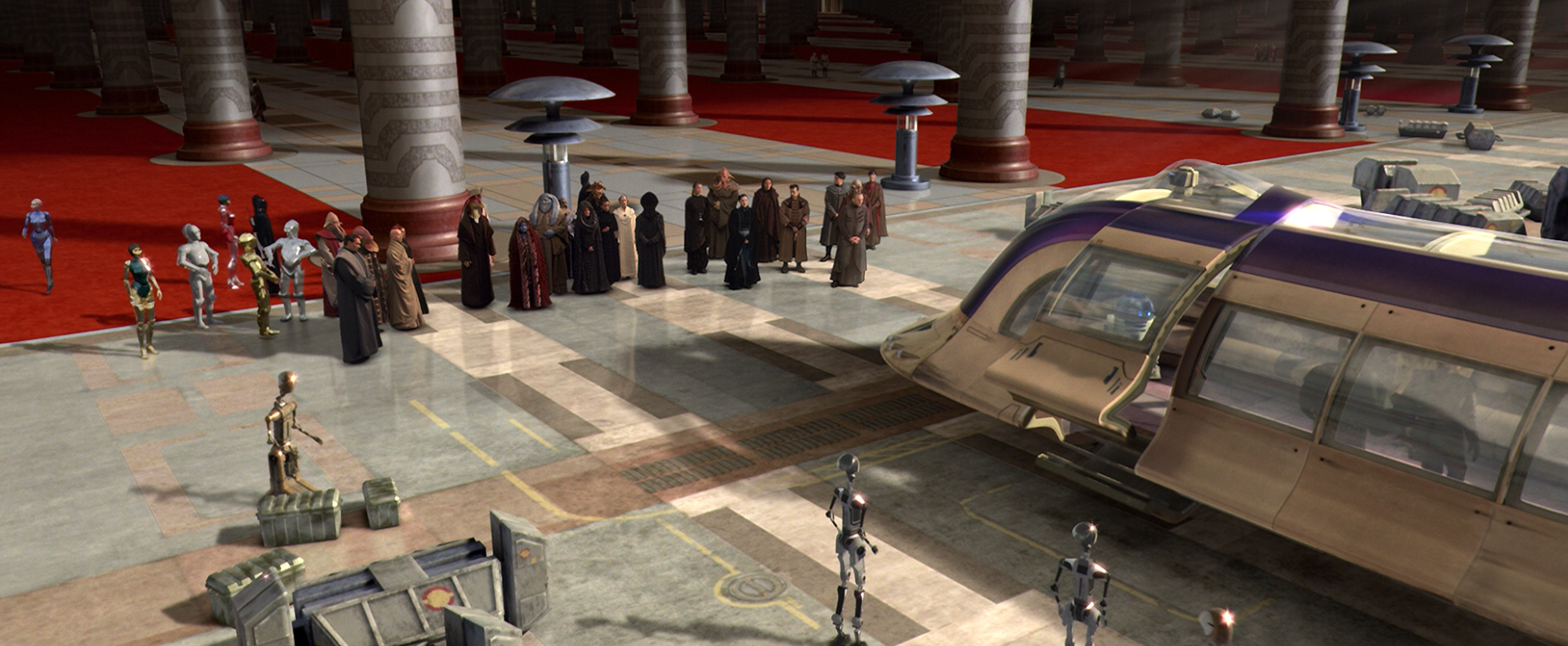 Cellheim Anujo (center) was among the crowd who waited for the return of the rescued Sheev Palpatine after the Battle of Coruscant.