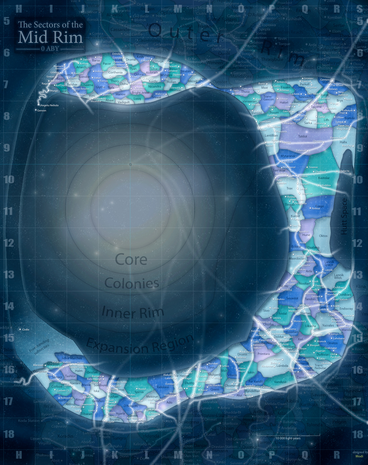 The sectors of the Mid Rim circa 0 BBY, as reorganized by the Galactic Empire