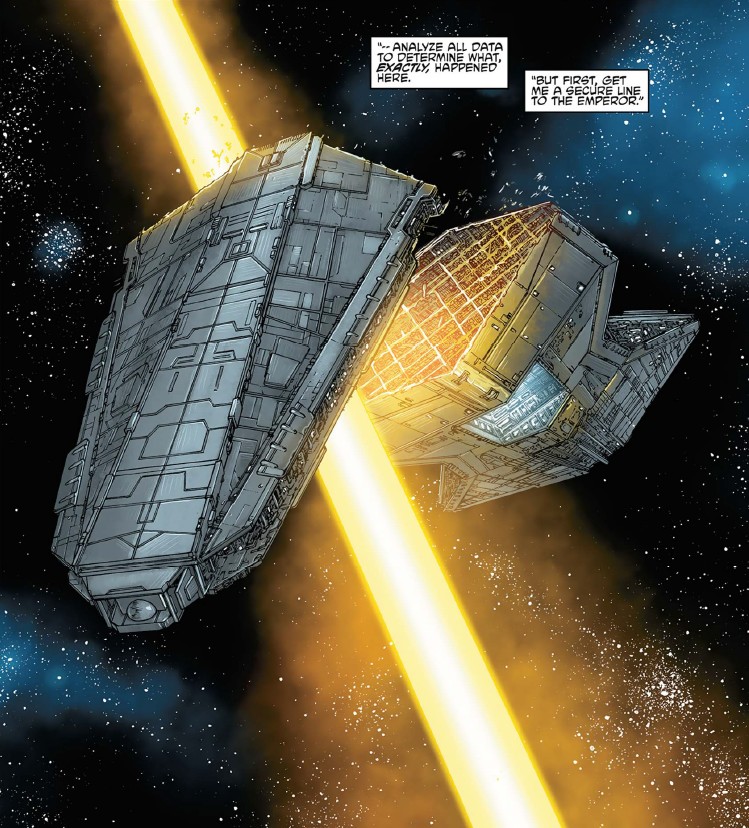 A Venator-class Star Destroyer is destroyed by the Basis.