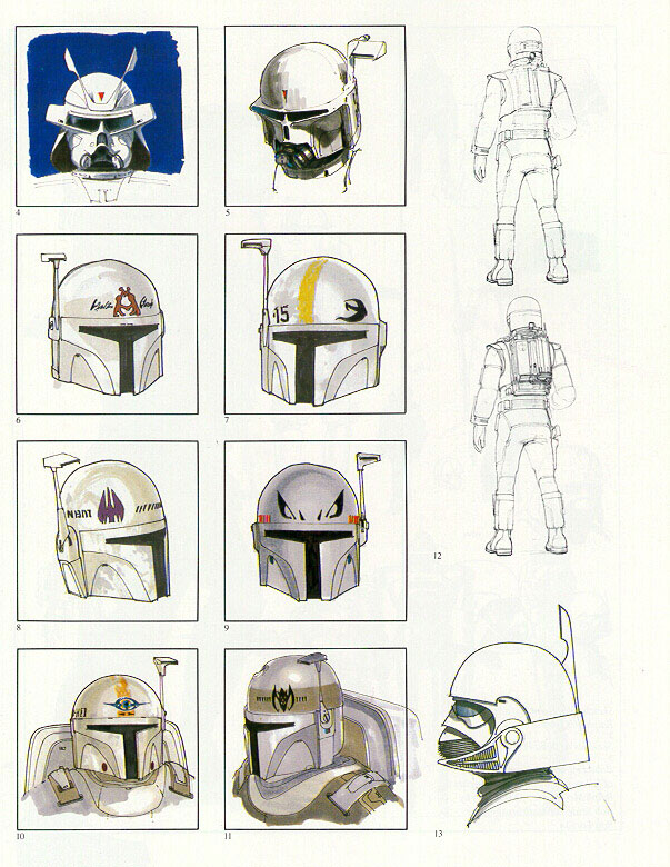 The conceptual evolution of Boba Fett's Mandalorian helmet.