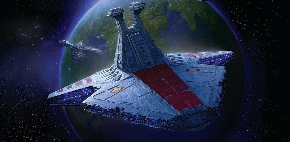 A Venator I-class Star Destroyer patrols near Valor over Carida