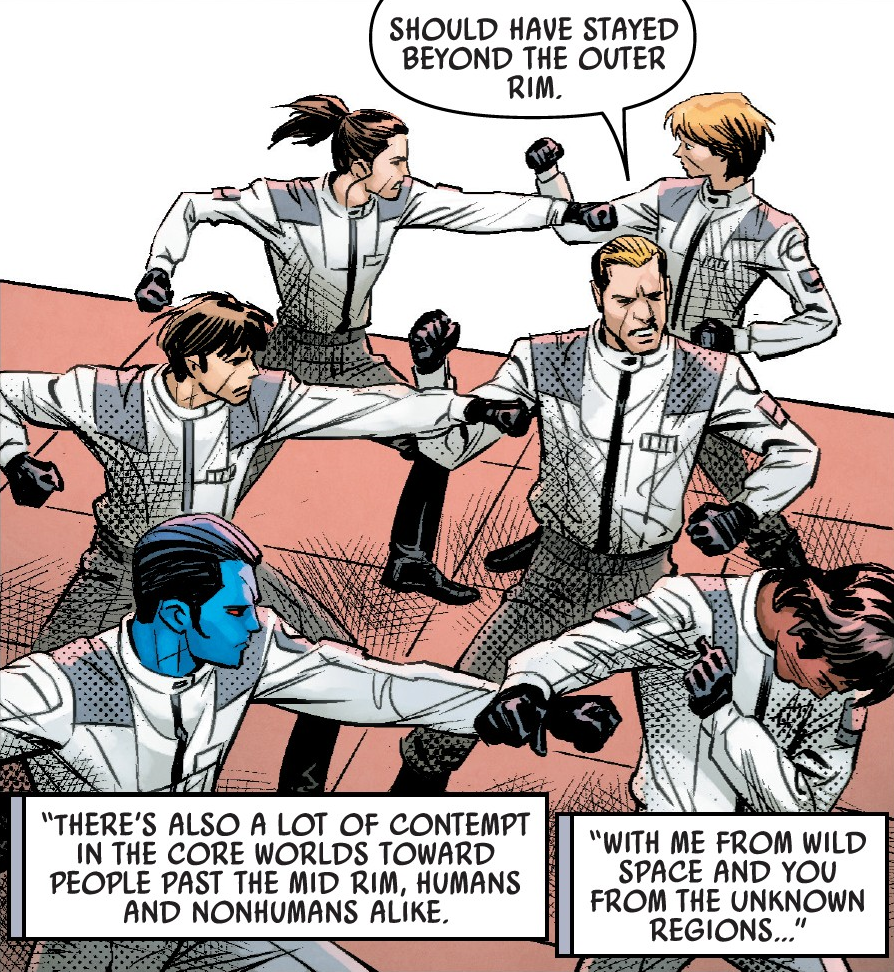 Thrawn spars with fellow cadets during a training exercise.