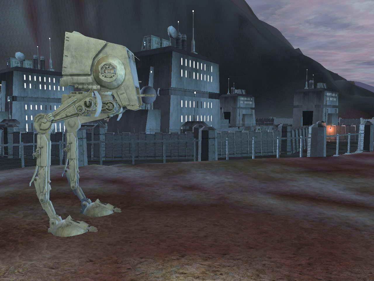 An AT-ST patrolling around the prison.