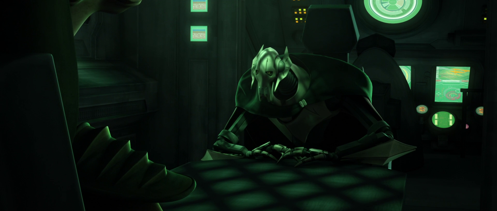 Grievous discusses his plans for Naboo with Jar Jar Binks, posing as Boss Lyonie.