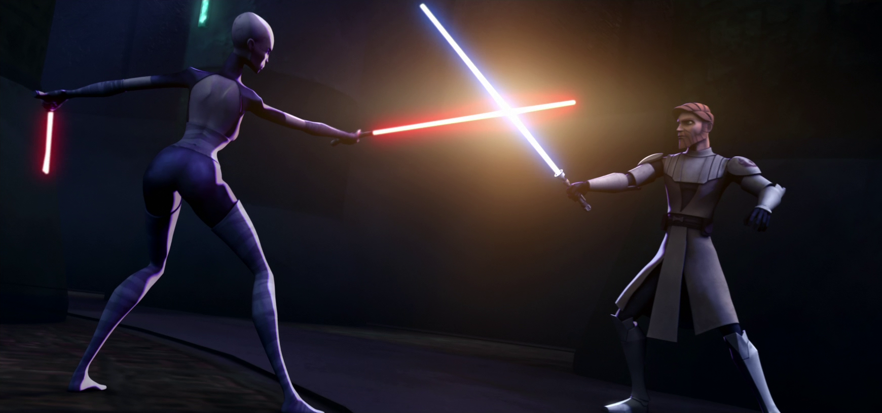 Asajj Ventress utilizes her dual-blade practice of Makashi against Obi-Wan Kenobi's Soresu.