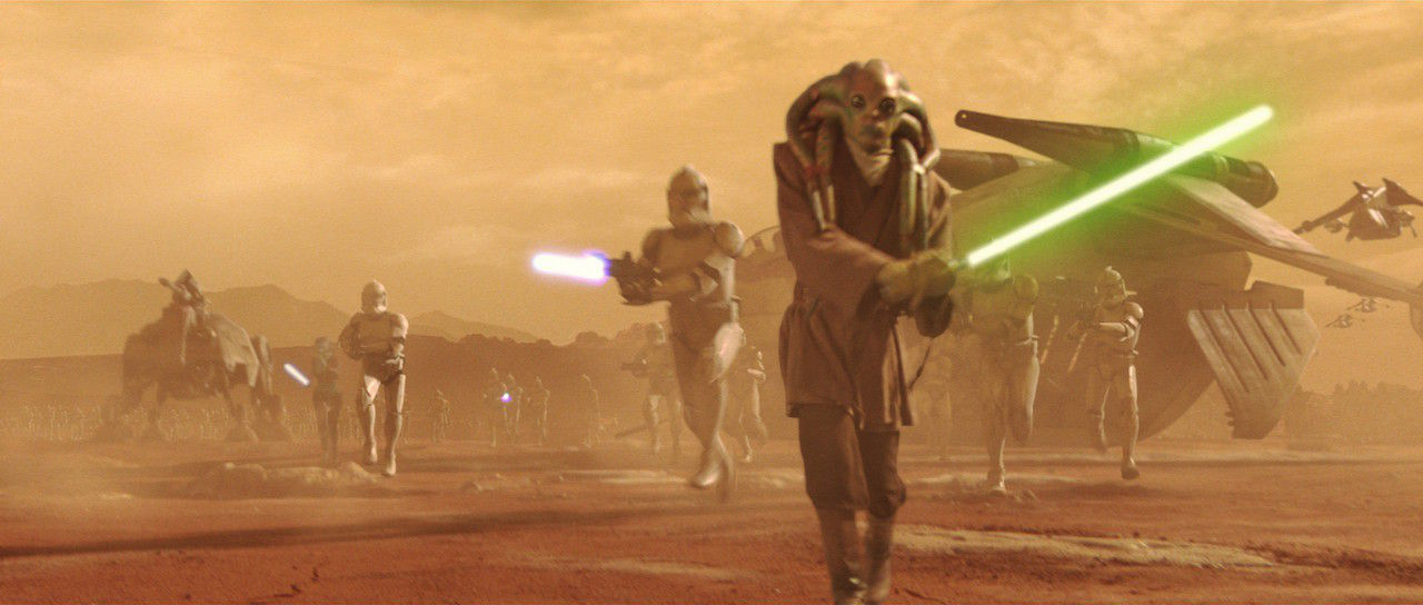 Kit Fisto leads a group of clone troopers in the Battle of Geonosis.