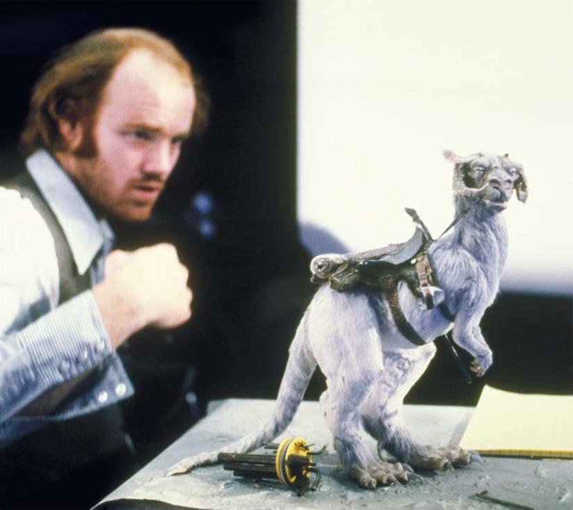 Phil Tippett working with a TaunTaun creature model from Star Wars