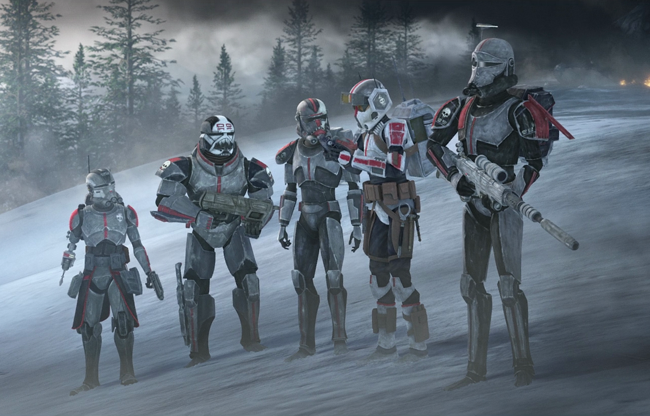 By the end of the Clone War, Clone Force 99 consisted of five defective clones: Hunter, Wrecker, Tech, Echo, and Crosshair.