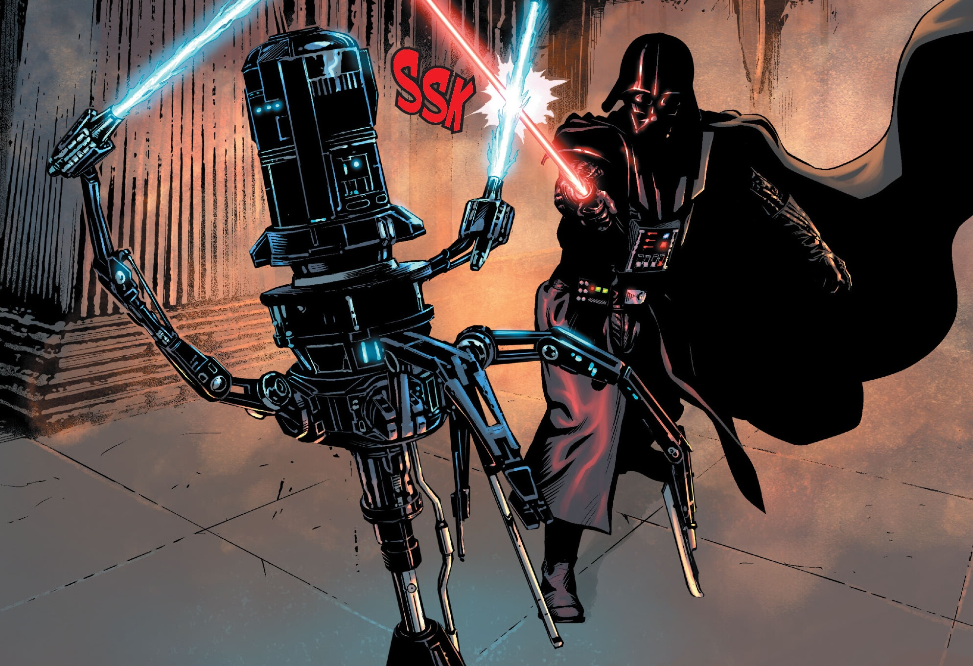 Darth Vader spars with a training droid