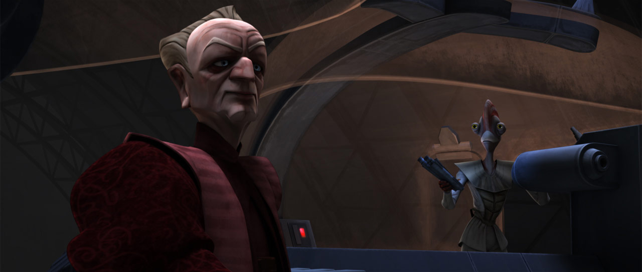 Doctor Boll and Chancellor Palpatine observe the Zillo Beast on Coruscant.