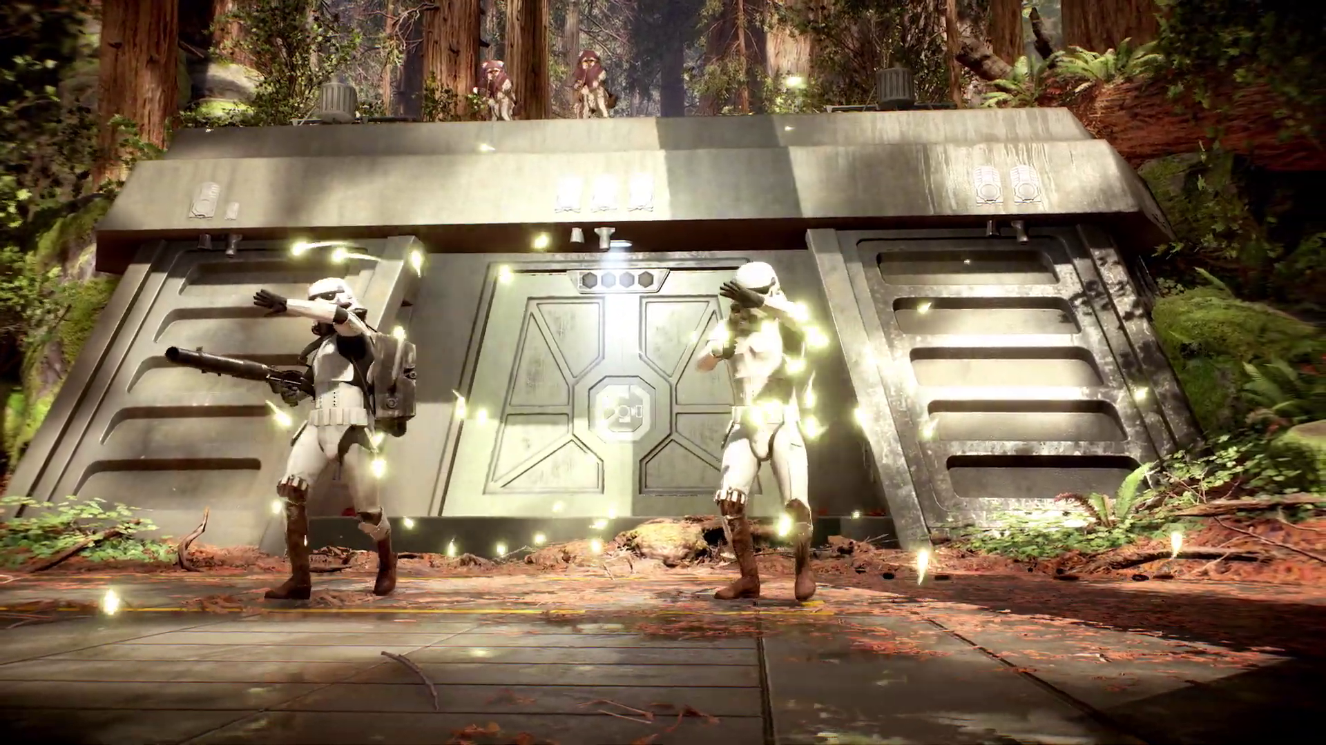 Imperial stormtroopers under attack by Wisties in Star Wars Battlefront II