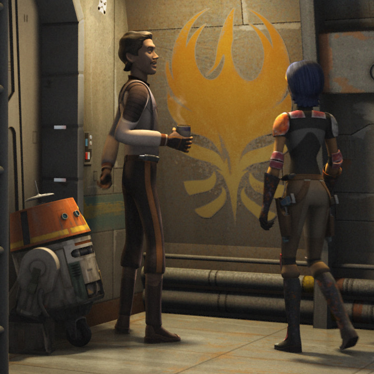 Lando admires Sabine's artwork as Chopper watches