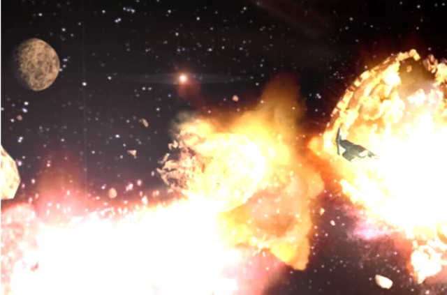 The explosion in the Peragus asteroid field destroys the Peragus Mining Facility.