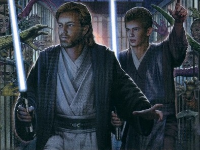 Obi-Wan Kenobi and Anakin Skywalker, with Siri Tachi and Ferus Olin, break out of a Romin prison while in pursuit of mad scientist Jenna Zan Arbor.