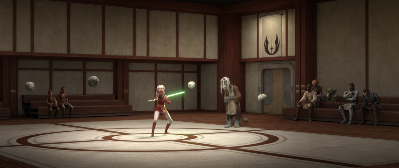 Ahsoka Tano training with four battle droid remotes