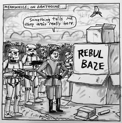 In the end, he chose to draw the Imperial troopers who searched Dantooine for the Rebel base. He included the cardboard boxes as a nod to his Darth Vader and Son books.[4]
